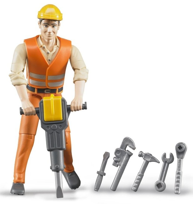 Personnage articule ouvrier equipe d un marteau piqueur et de divers outils jouet BRUDER