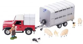 Land Rover avec bétaillère , 3 moutons, 2 agneaux et personnage avec