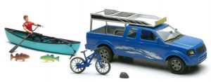 NEW37385C - Ensemble aventure avec pick up bleu, personnage et accessoires de pêche