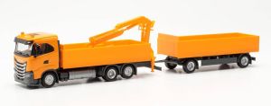 HER316217 - Camion porteur avec remorque et grue de chargement de couleur orange - IVECO S-Way 6x2