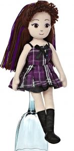AUR33102 - Peluche poupée Brune avec robe Violette et noir London - Mesurant : 35 cm