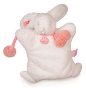 DC2742BC - Doudou de la gamme marionnette - Lapin Pompon de couleurs Blanc et Corail