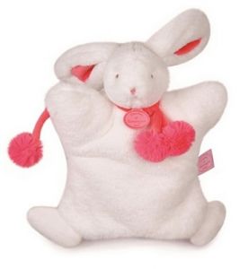 DC2742BR - Doudou de la gamme Marionnette - Lapin Pompon de couleurs Blanc et Rouge