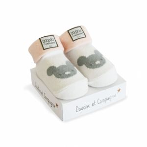 DC3702-1 - Chaussette de naissance de la gamme DOUDOU ET COMPAGNIE de couleurs Blanche, rose avec ourson