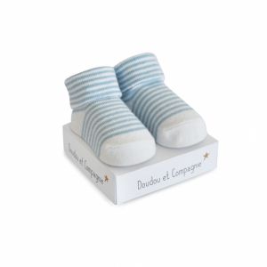 DC3703-01 - Chaussette de naissance de la gamme DOUDOU ET COMPAGNIE Couleurs Blanche rayures bleu