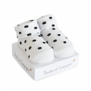 DC3704-02 - Chaussette de naissance de la gamme DOUDOU ET COMPAGNIE couleur Blanc à pois Noir