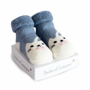 DC3706-01 - Chaussette de naissance petites bouilles de la gamme DOUDOU ET COMPAGNIE Couleur Bleue