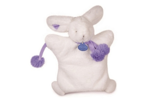 DC2742BVIO - Doudou de la gamme marionnette - Lapin Pompon de couleurs Blanc et Violet