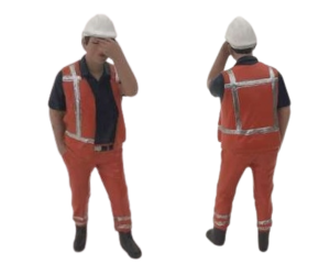 ADF32143 - Figurine de chantier avec tenue orange et son casque se tenant la tête