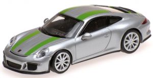 Voiture sportive PORSCHE 911 R 2016 de couleur grise avec bandes vertes