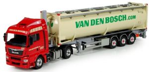Camion 4x2 MAN TGX XXL et remorque porte conteneur 3 essieux avec silo conteneur aux couleur Van den Bosch