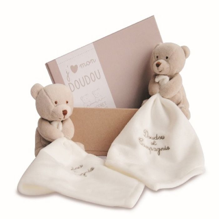 Coffret de doudou de la gamme J AIME MON DOUDOU 2 Ours de couleurs Taupe concu par DOUDOU ET COMPAGNIE sur Marketoy Marketoy