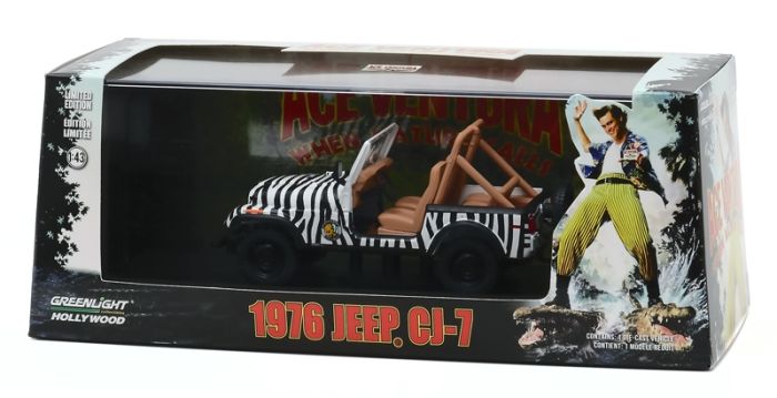 Miniature Greenlight Jeep CJ-7 Open 1976 – Ace Ventura "When Nature Calls", 1/18